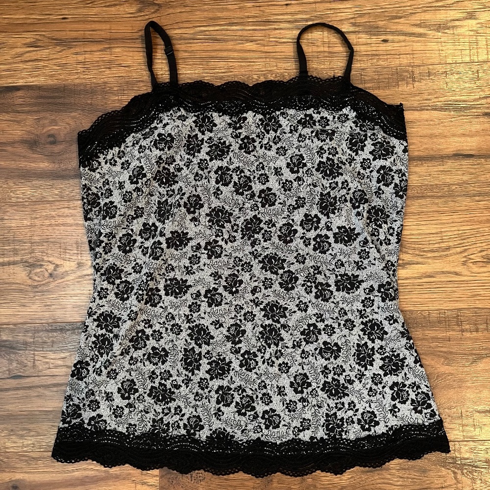 Vintage Y2K 90s Floral Lace Trim Cami Adjustable Strap Medium Whimsigoth Fairy